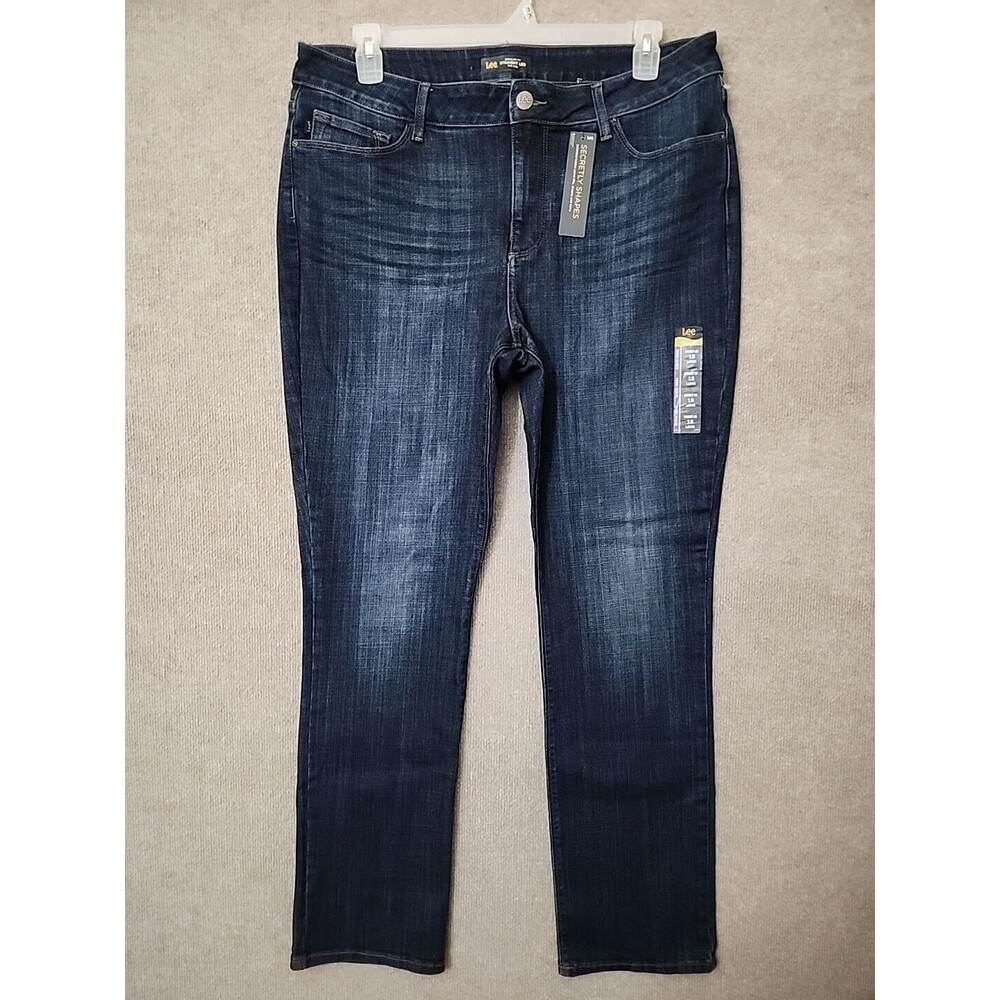 Lee Straight Leg Jeans Womens 18 Long Blue Dark Wash Secretly Shapes Stretch NEW